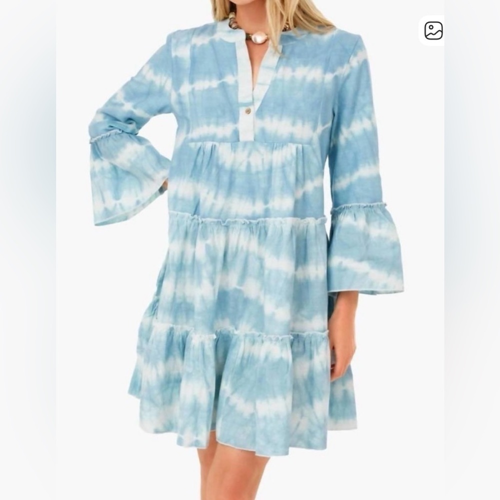 Faherty Vida Organic Cotton Blue Tie Dye Tiered Bell Sleeve Small Dress